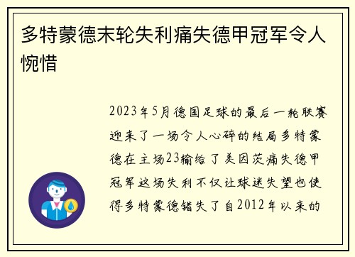 多特蒙德末轮失利痛失德甲冠军令人惋惜